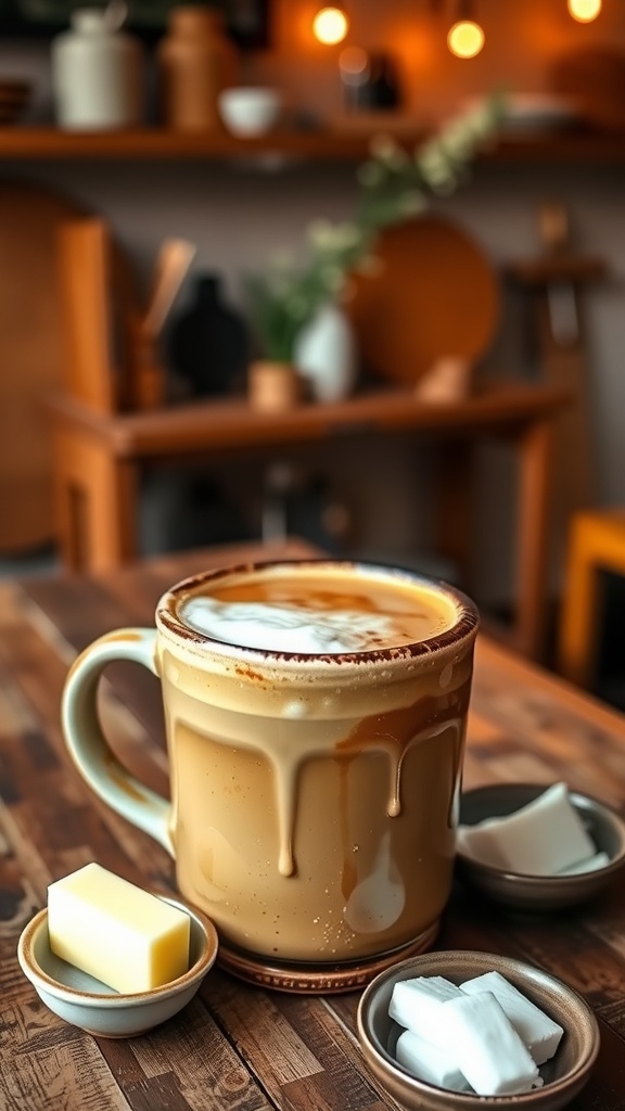 Keto-Friendly Butter Coffee Recipe A cup of creamy butter coffee with a frothy top, served in a rustic mug on a wooden table.